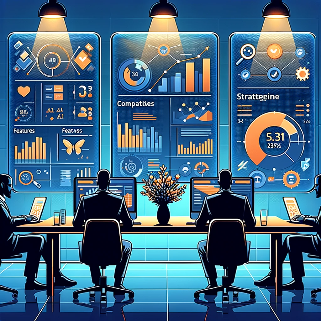 DALL&middot;E 2024 01 08 14.02.16 An image illustrating Chopa.ios interface engaged in competitive analysis. It should depict screens showing comparative data between companies highl