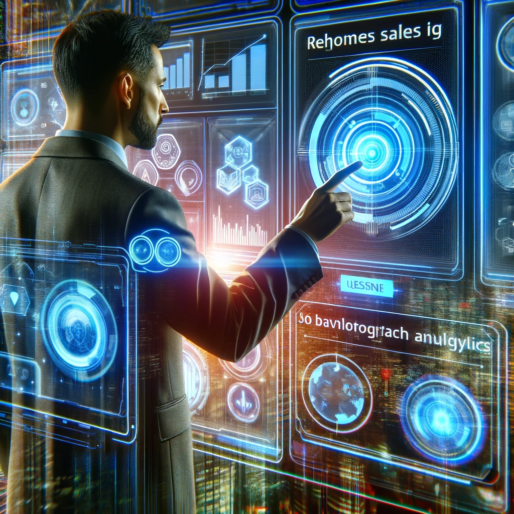 DALL&middot;E 2024 01 08 14.05.04 A futuristic vision of a salesperson using Chopa.io surrounded by holographic displays of data and analytics. The image should reflect the advanced c