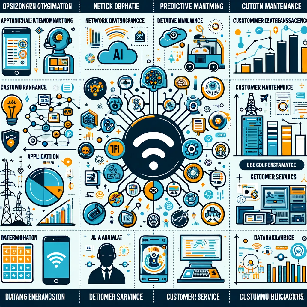 DALL&middot;E 2024 01 09 09.42.43 Infographic illustrating AI applications in the telecom industry featuring icons and brief descriptions for applications like network optimization p