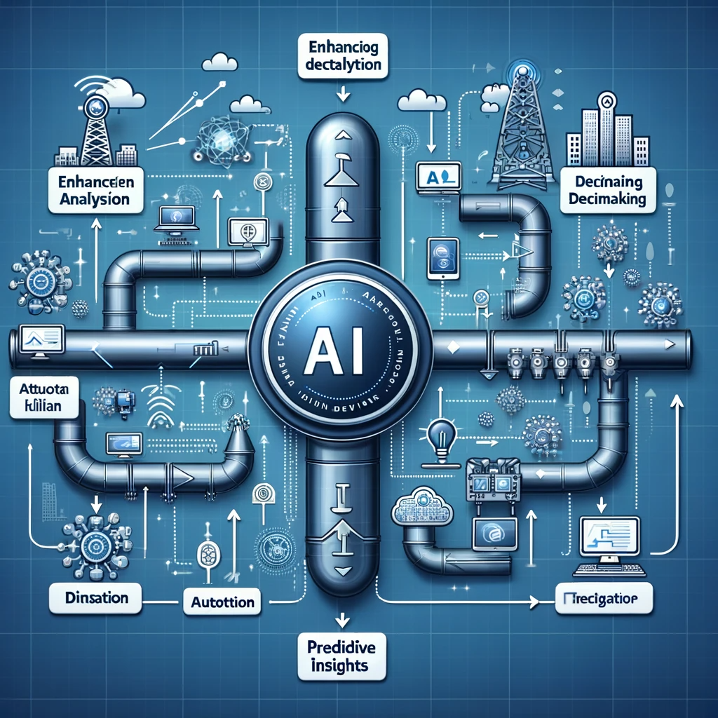 DALL&middot;E 2024 01 09 09.42.58 Diagram illustrating an AI driven pipeline process in the telecom industry. The diagram should show how AI impacts different stages of the pipeline s