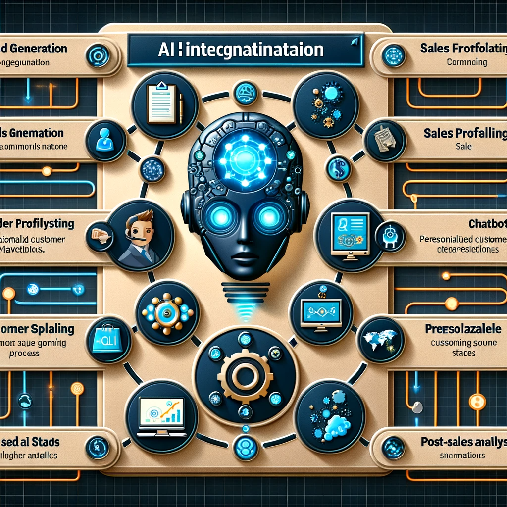 DALL·E 2024 01 02 11.08.02 A digital infographic showing AI integration in the sales process illustrating stages such as lead generation customer profiling sales forecasting
