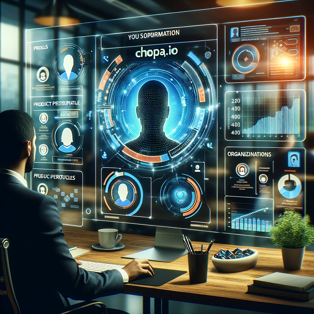 DALL·E 2024 01 08 14.00.07 A professional setting where an AI interface symbolized by Chopa.io is displaying information about a company including profiles of key personnel