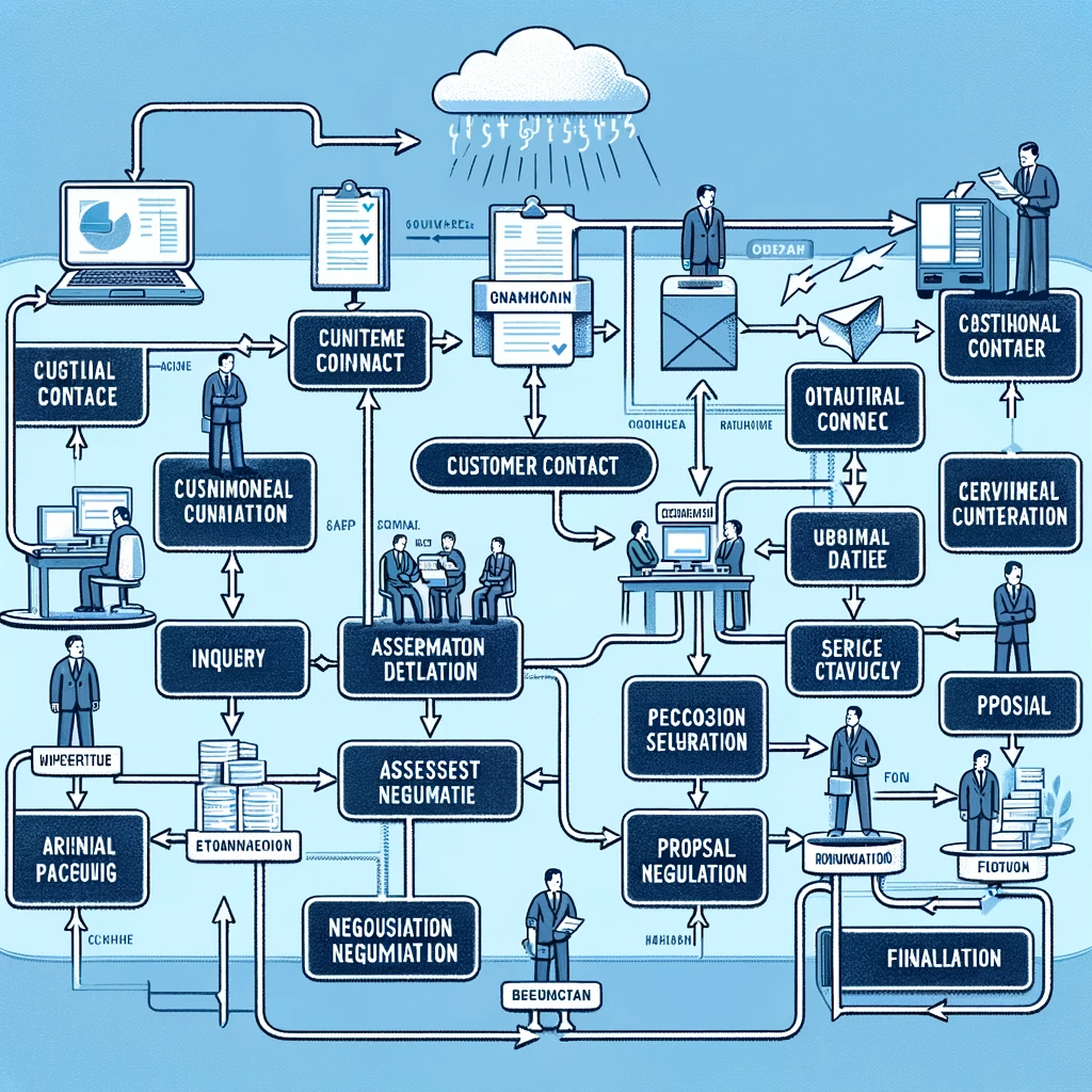 DALL·E 2024 01 09 09.42.54 Flowchart showing the traditional pipeline generation process in the telecom industry. The chart should detail the steps from initial customer contact